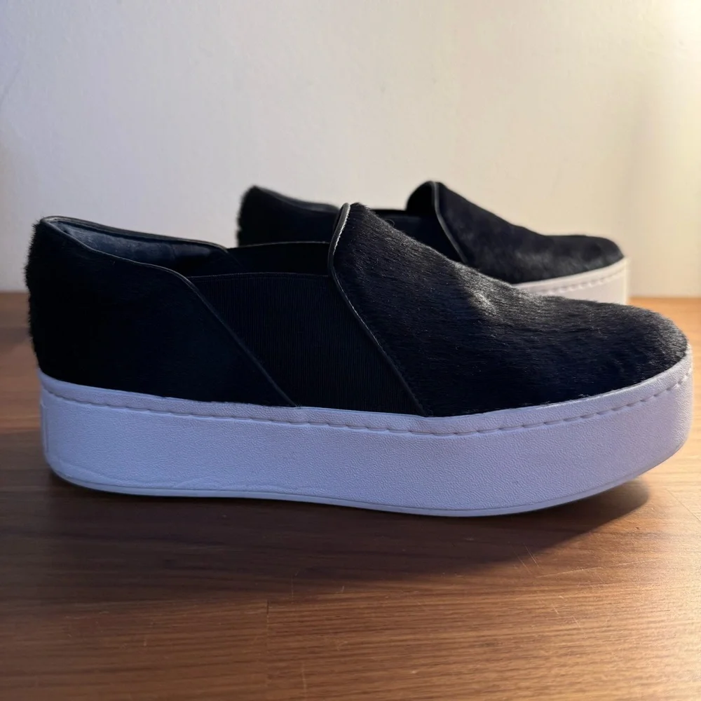 Vince Warren Pony Hair Slip On in Black with White Platform, size 6.5